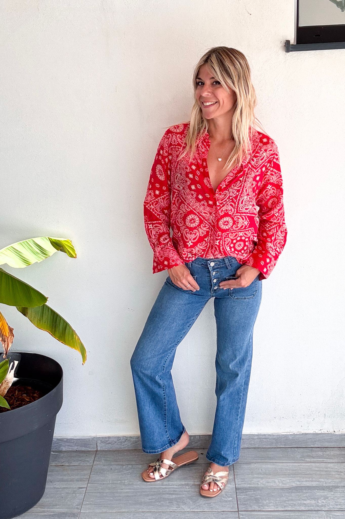 Chemise légère fluide rouge à motifs