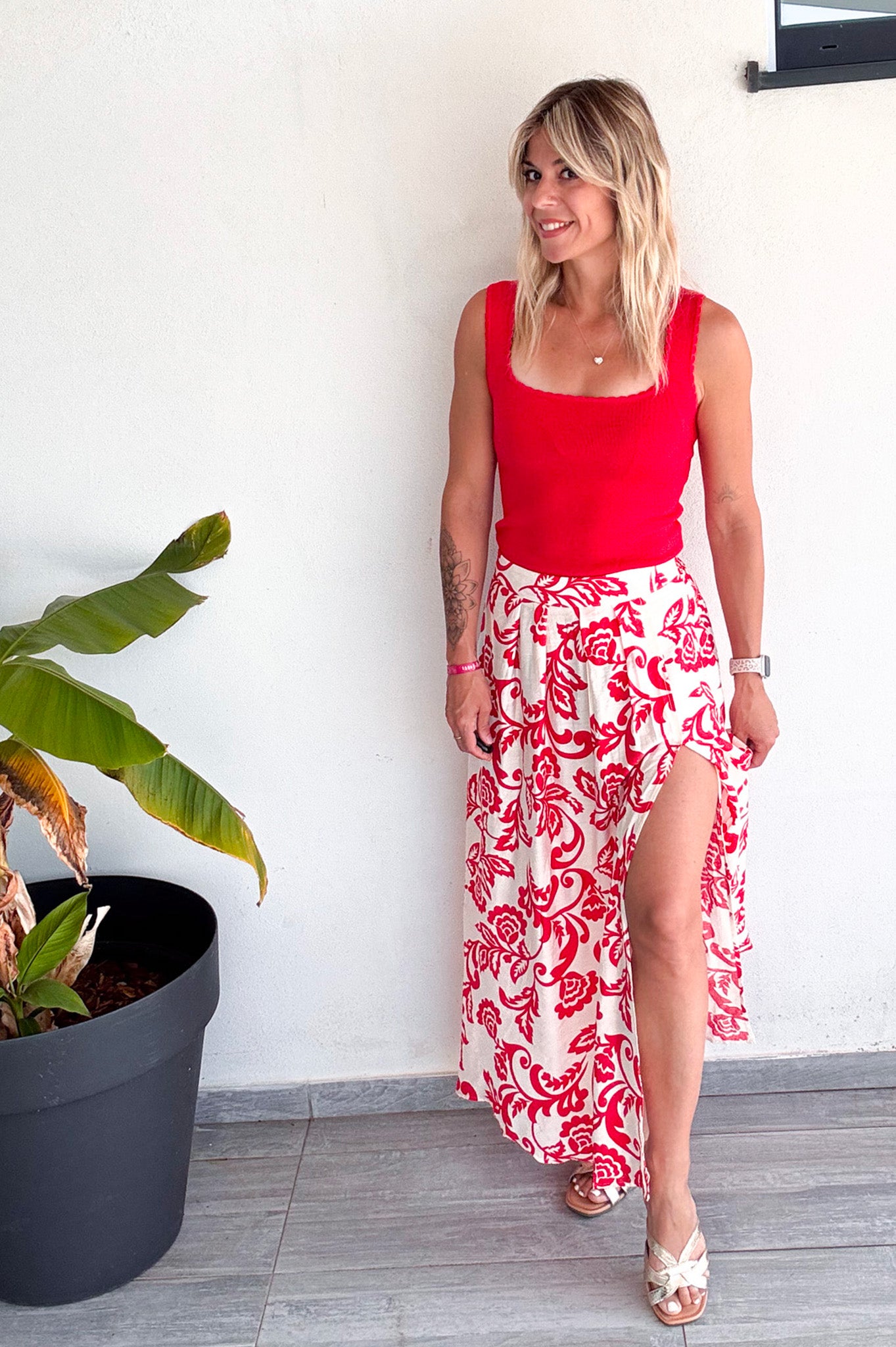 Jupe longue écru motifs rouge