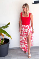 Jupe longue écru motifs rouge
