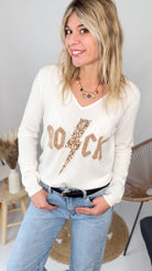 Pull fin écru col V brodé ROCK taupe la boutique de lydie