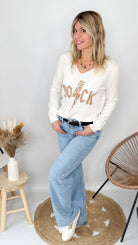 Pull fin écru col V brodé ROCK taupe la boutique de lydie