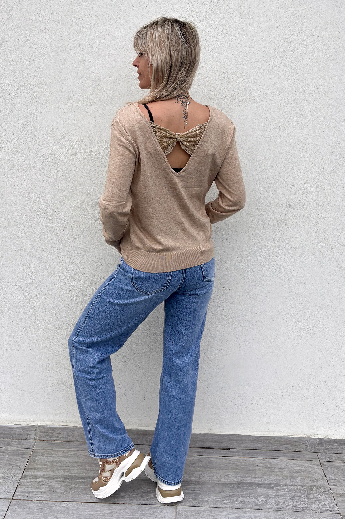 Pull taupe femme noeud