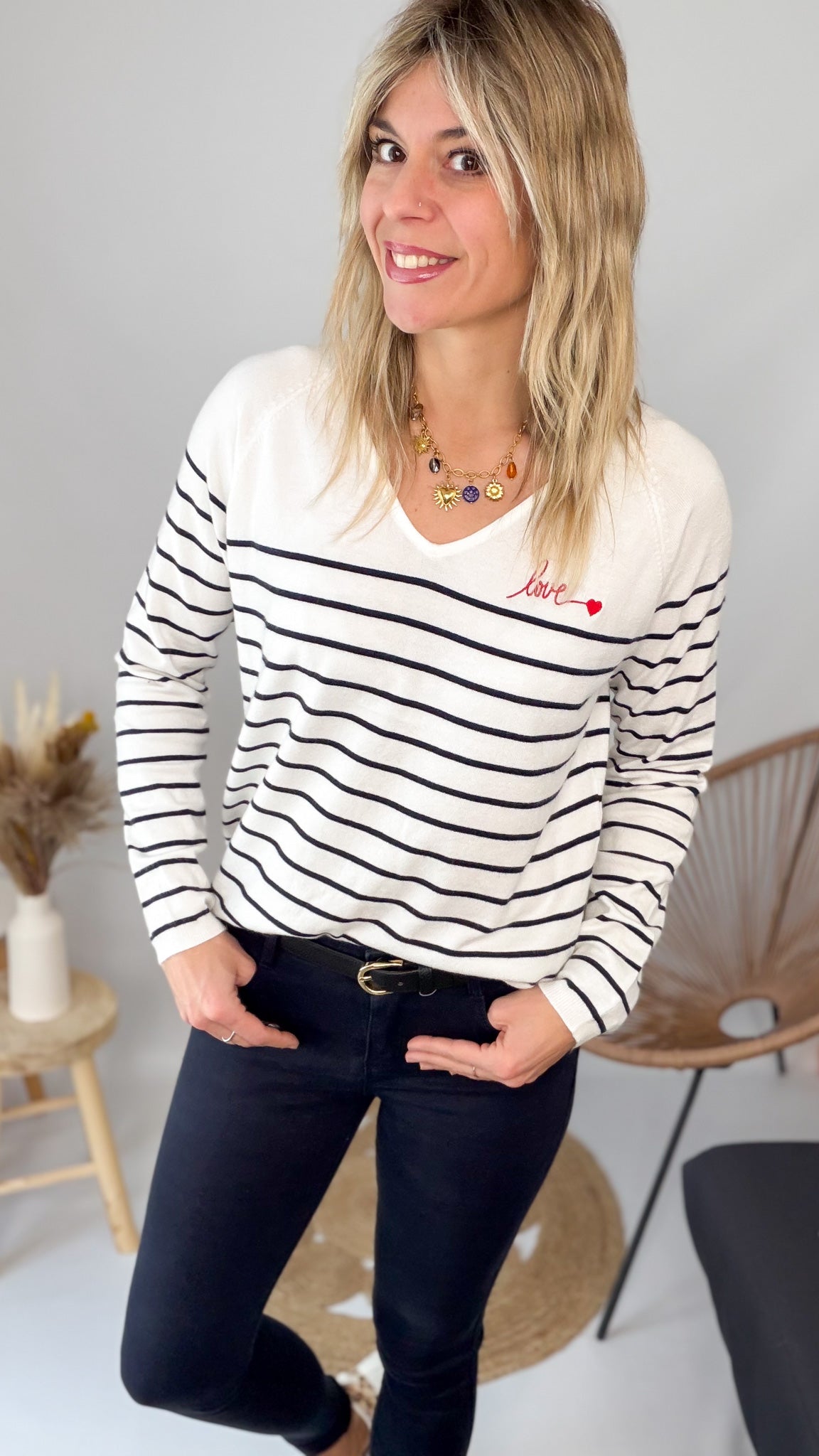 Pull Fin Marinière Femme Love - Taille Unique | La Boutique de Lydie
