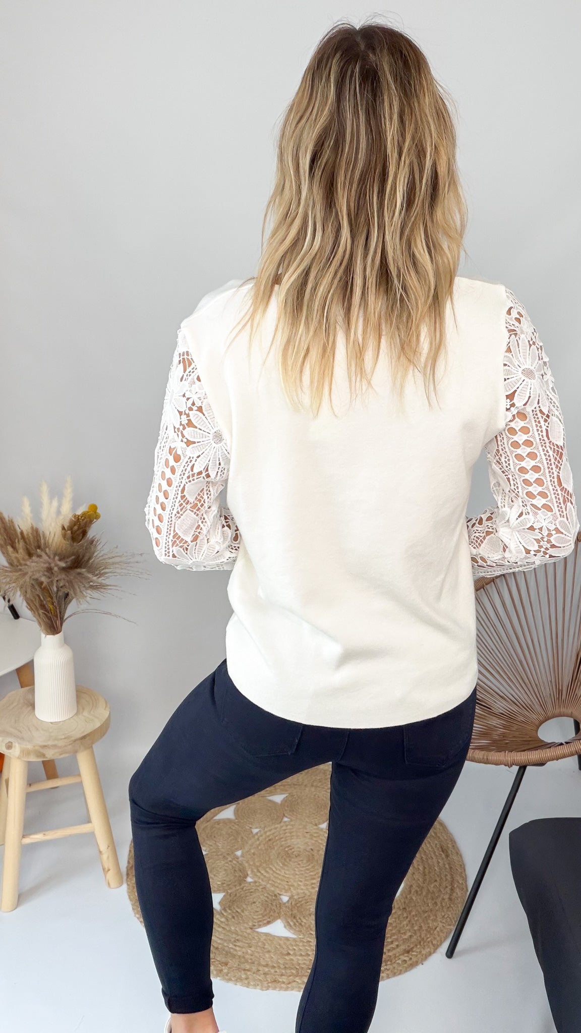 Pull Écru Manches Dentelle - femme 