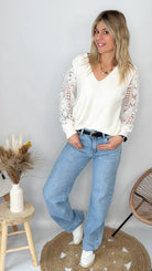 Pull Écru Manches Dentelle - femme 