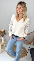 Pull Écru Manches Dentelle - femme 