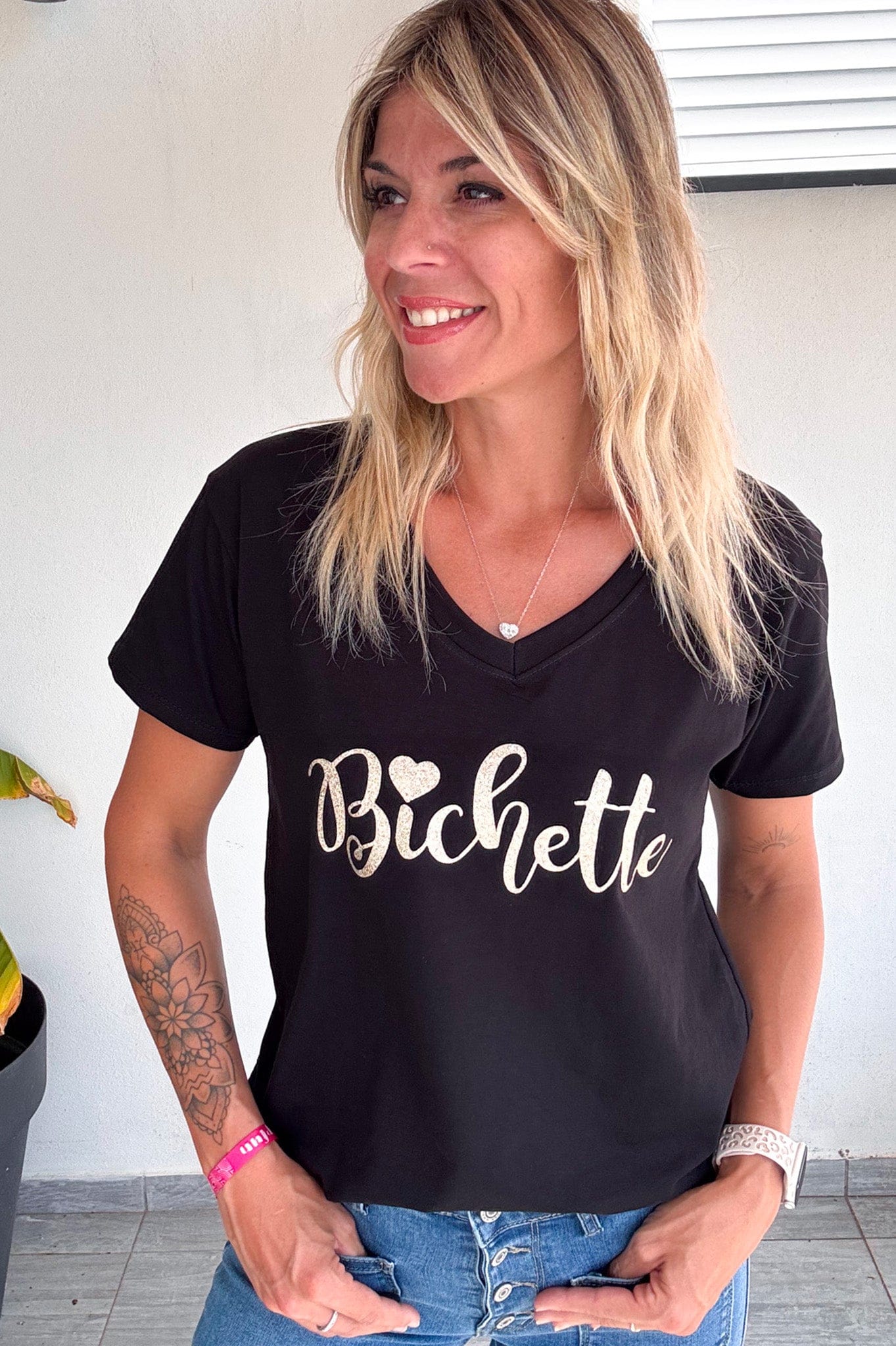 T-shirt noir, floqué&nbsp; "Bichette"