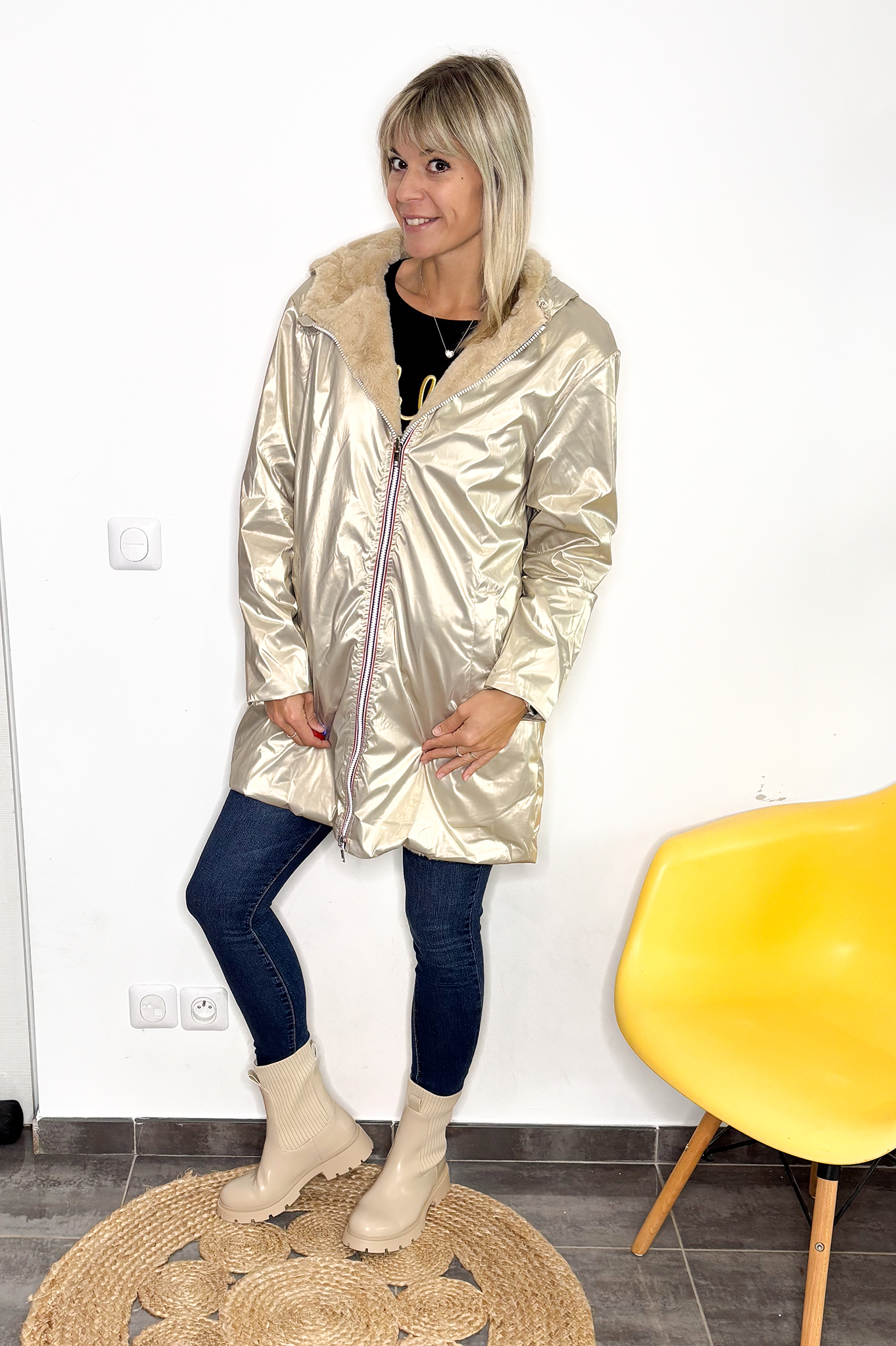 Parka or mi longue réversible fourrure la boutique de lydie