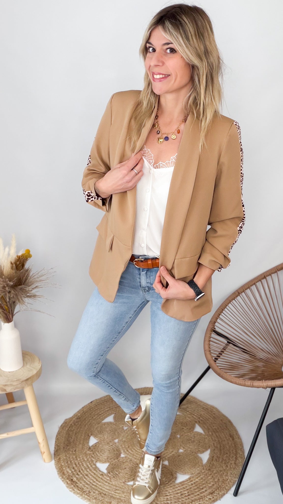 Blazer camel bande léopard mi-long, col chale