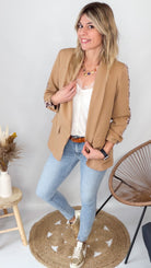 Blazer camel bande léopard mi-long, col chale