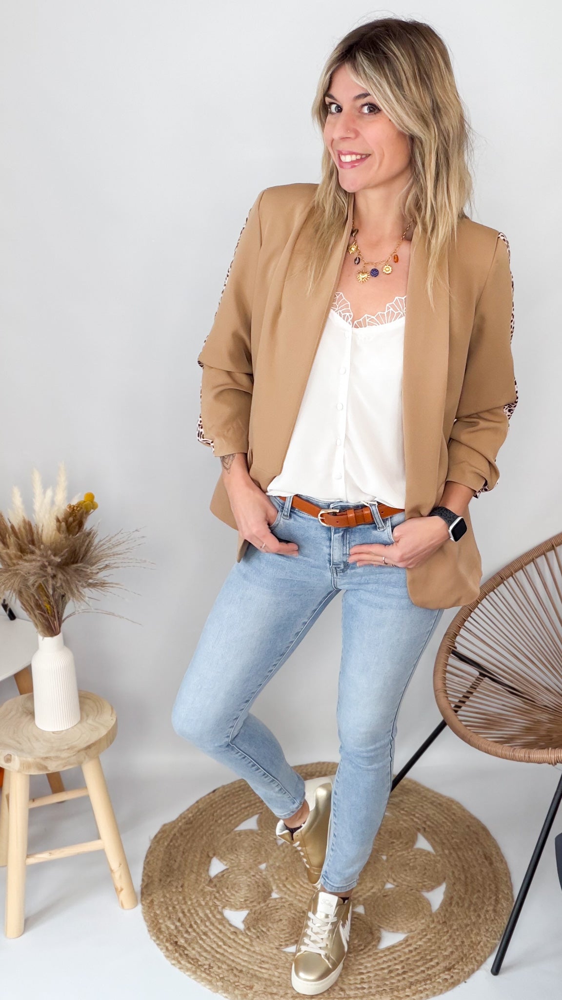 Blazer camel bande léopard mi-long femme