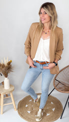 Blazer camel bande léopard mi-long femme