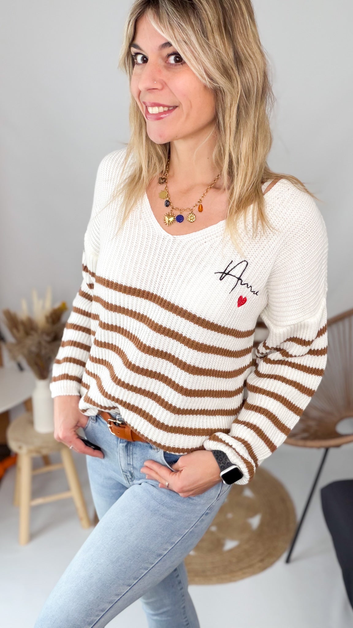 Pull marinière écru / camel femme