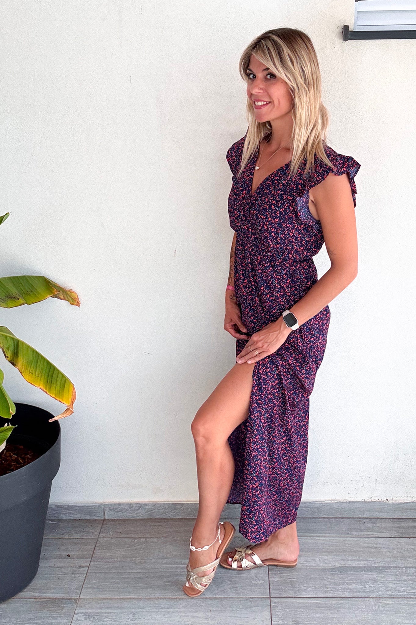 Robe longue marine fleuri rouge la boutique de lydie