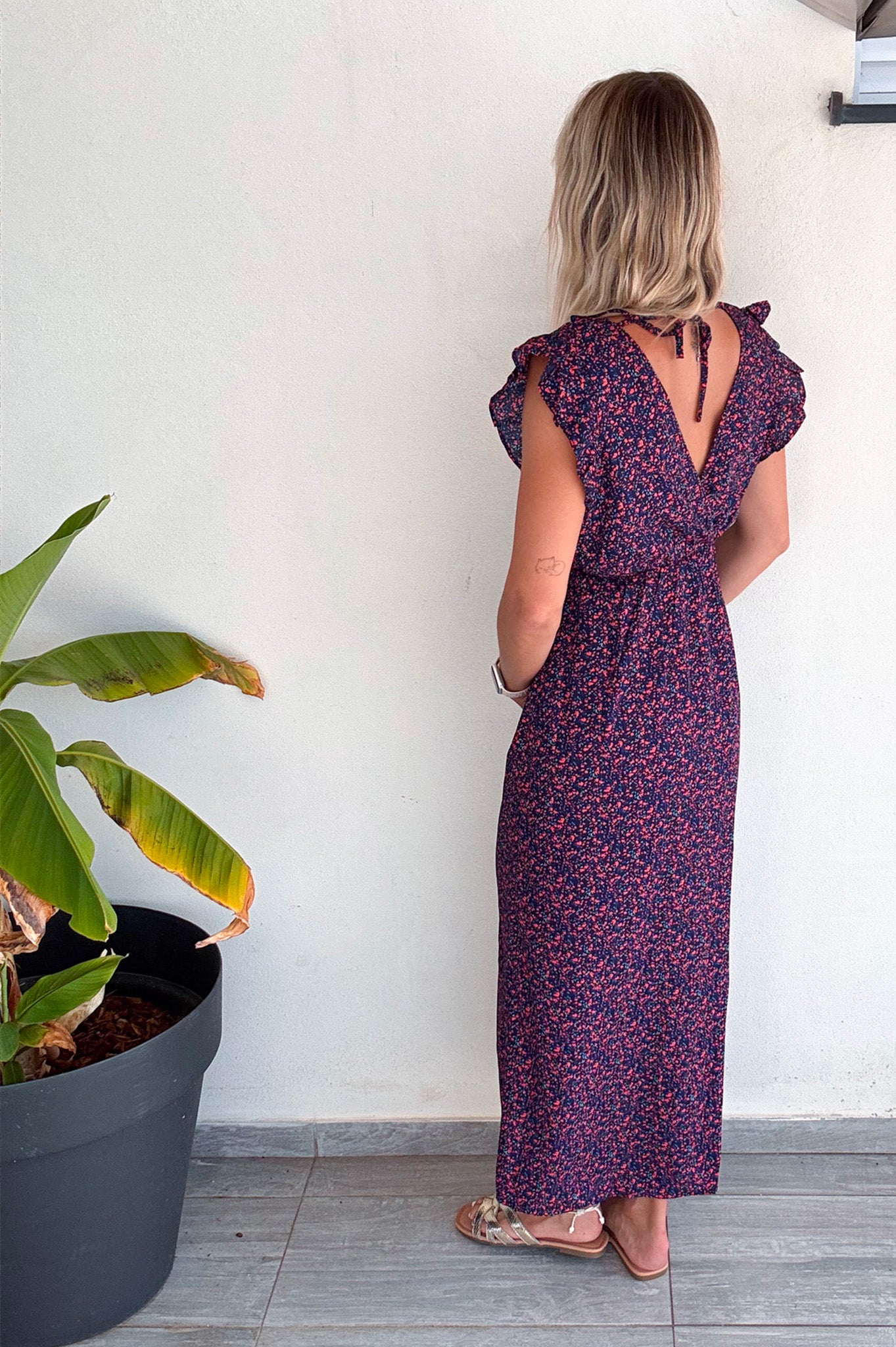 Robe longue marine fleuri rouge 