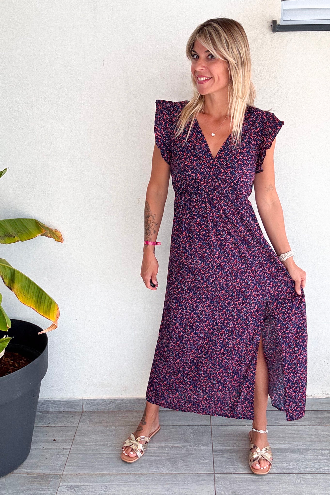 Robe longue marine fleuri rouge 
