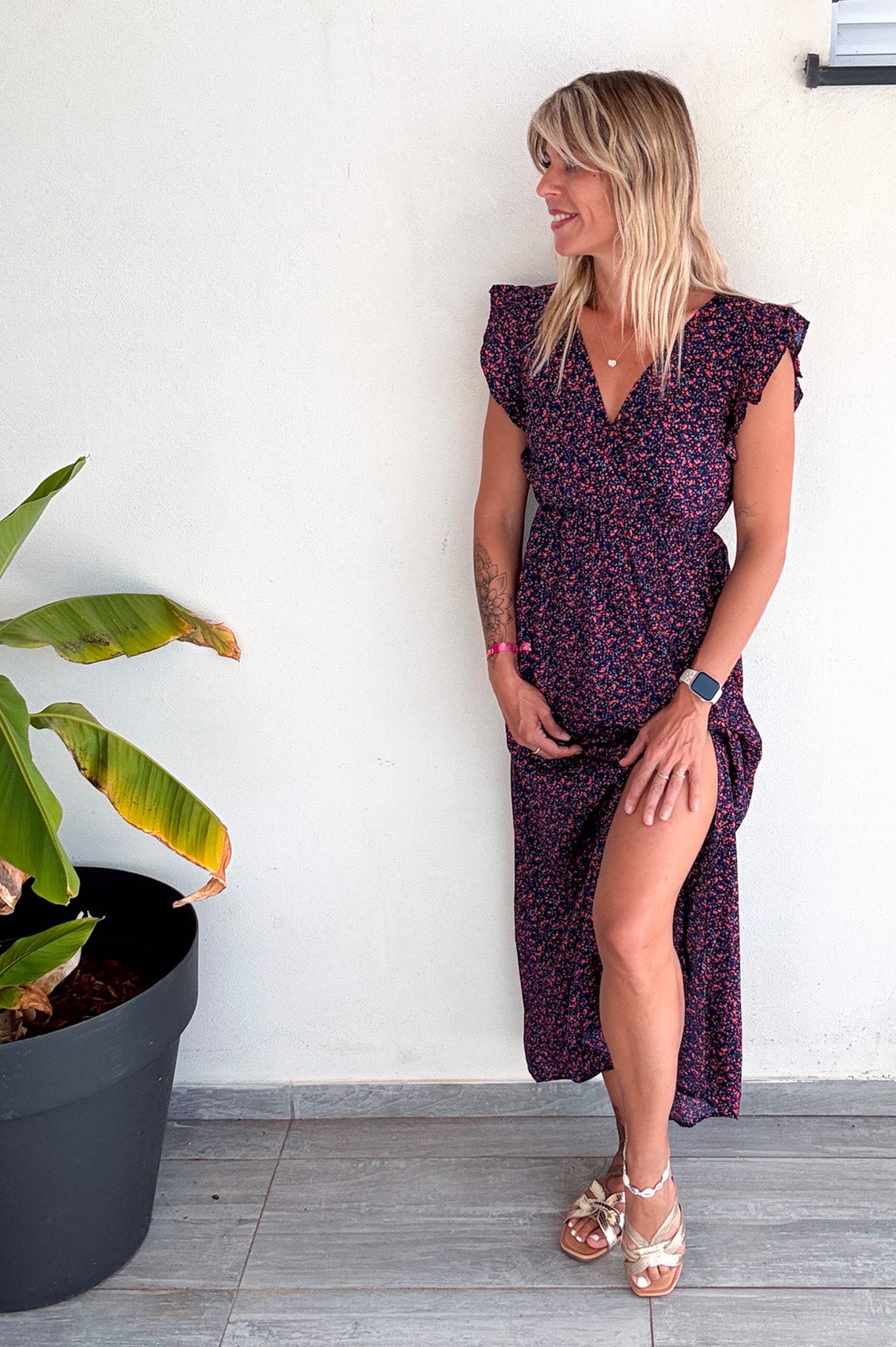 Robe longue marine fleuri rouge 