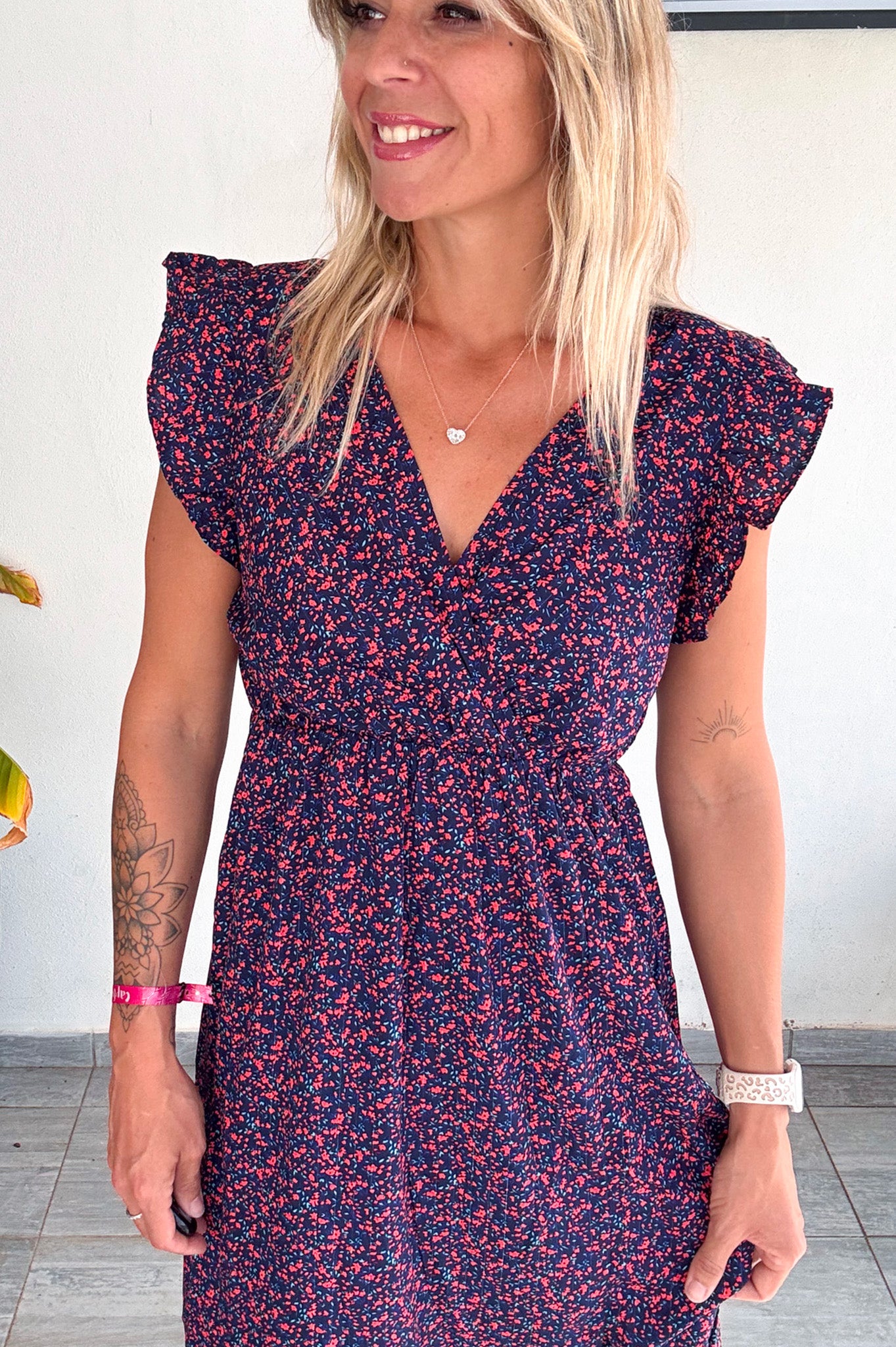 Robe longue marine fleuri rouge 