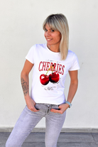 T-shirt blanc col Rond, floqué cerises La Boutique de lydie 