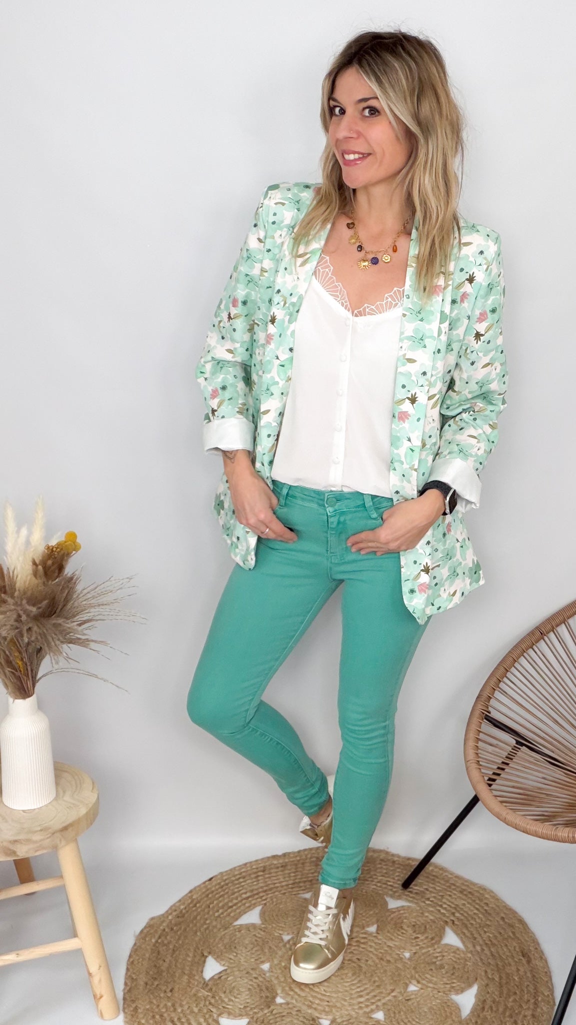 Blazer Fluide Fleuri Vert d'Eau femme