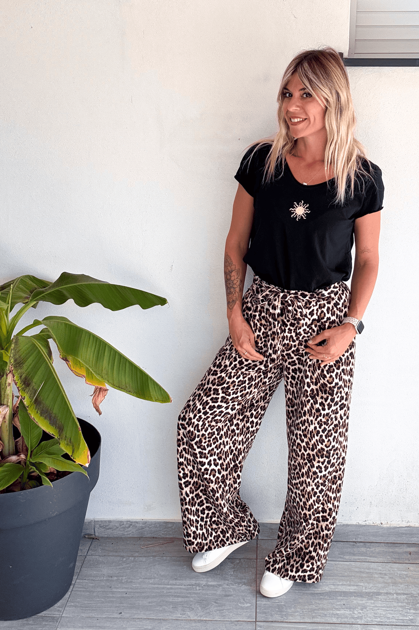 Pantalon large fluide léopard femme 