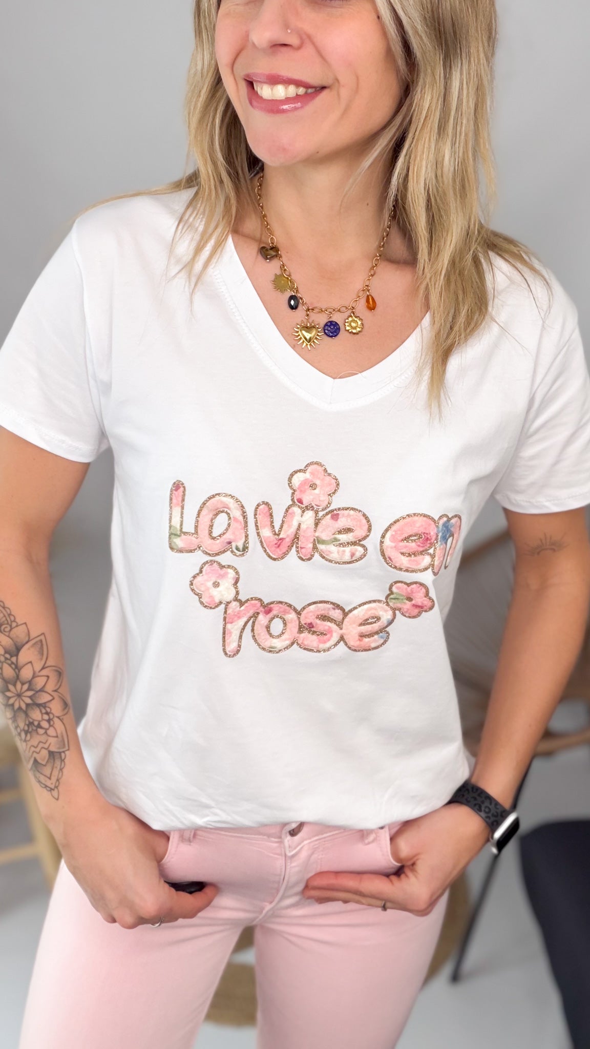 T-shirt Col V "La Vie en Rose" femme