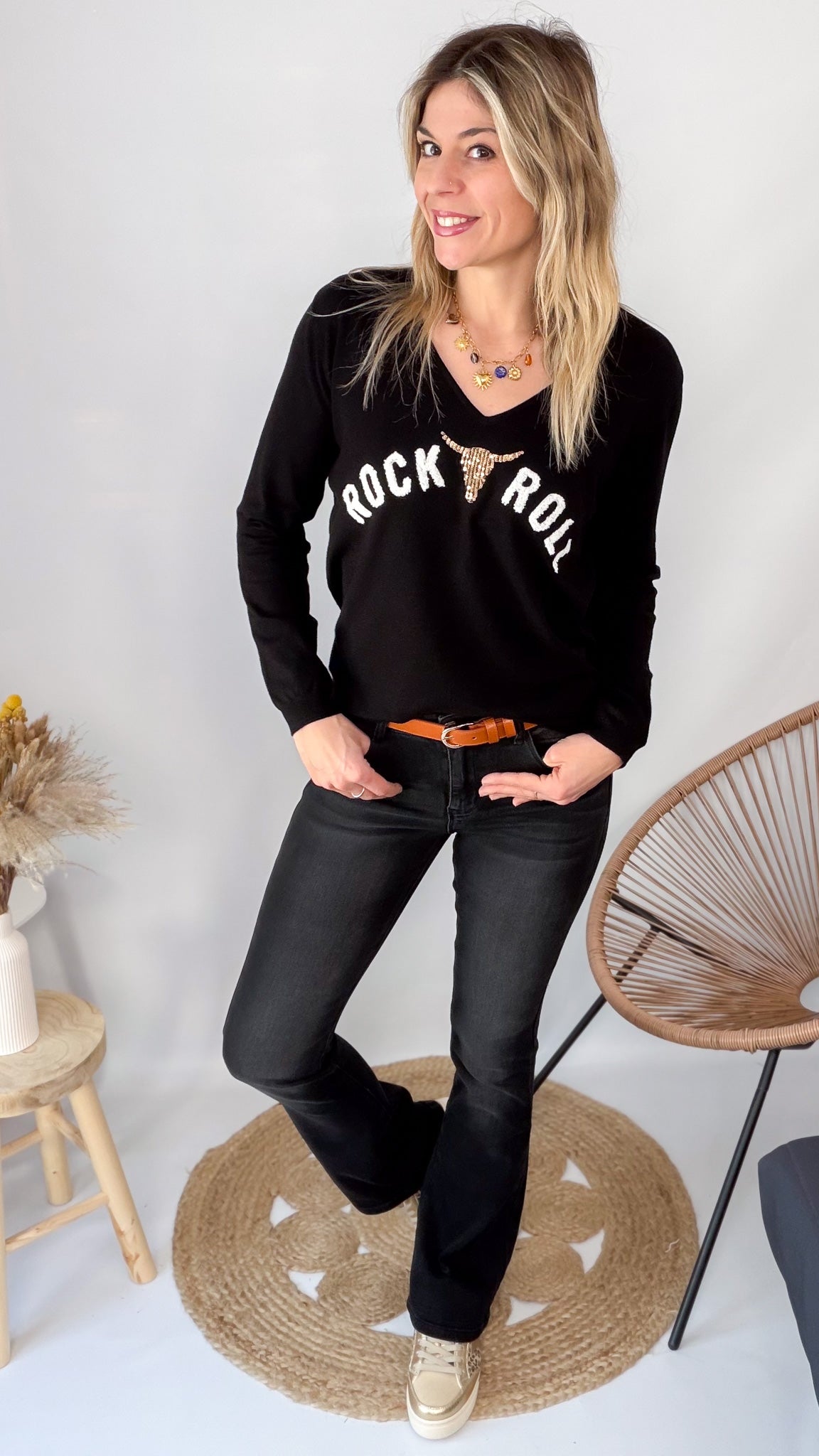 Pull Fin Noir "Rock & Roll" femme