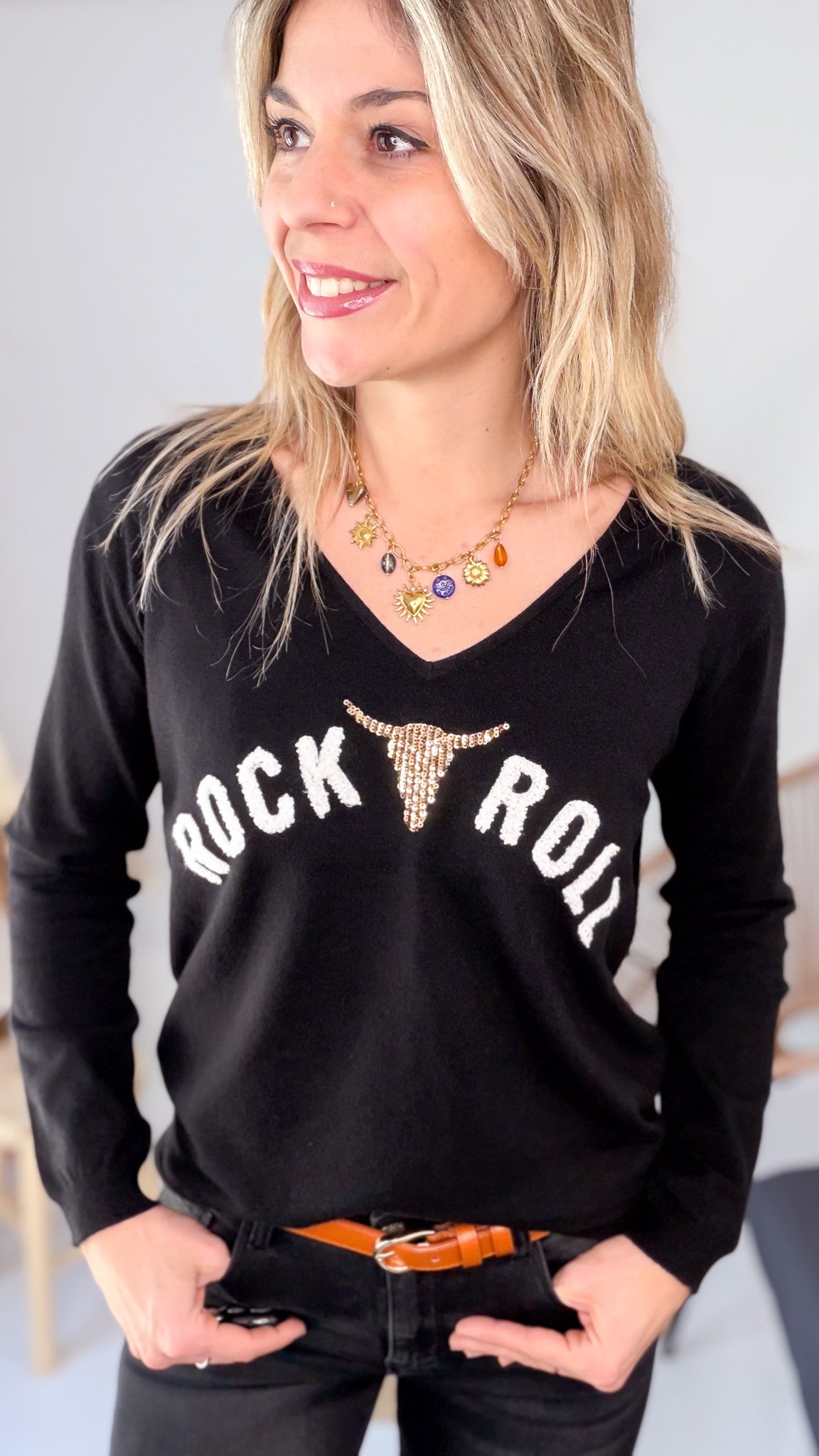 Pull Fin Noir "Rock & Roll" femme