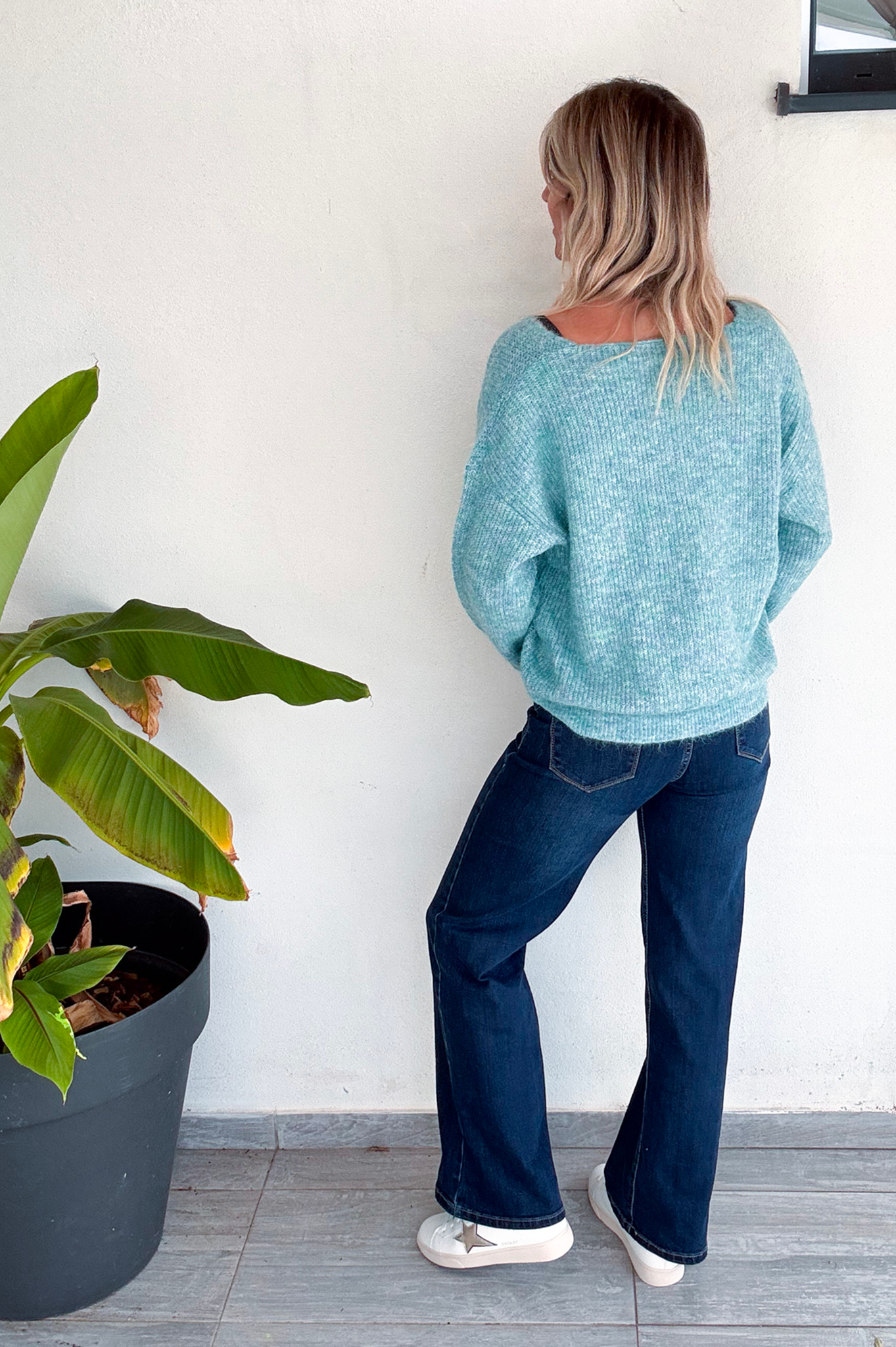Pull vert col V femme