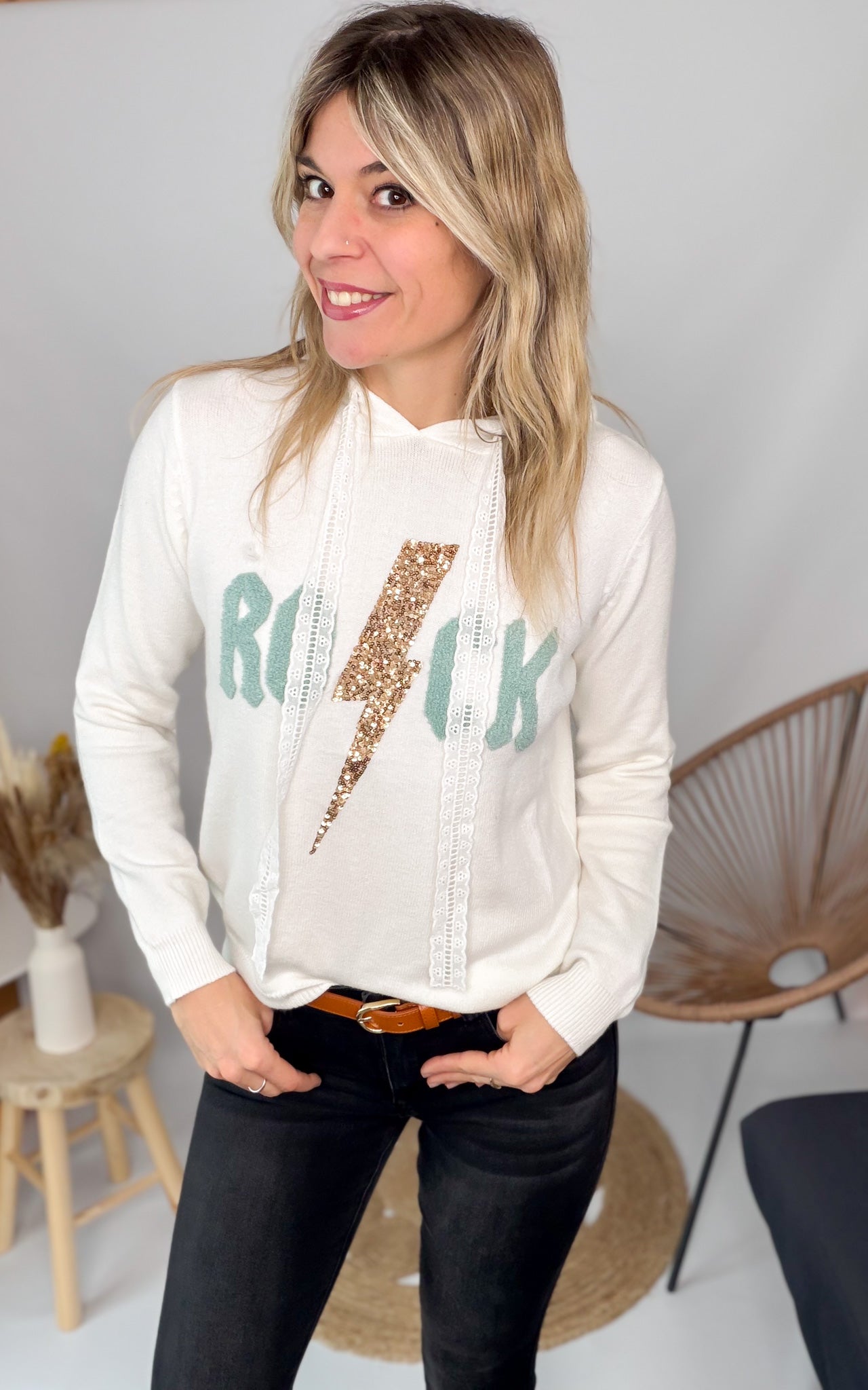 sweat ecru vert d'eau rock femme