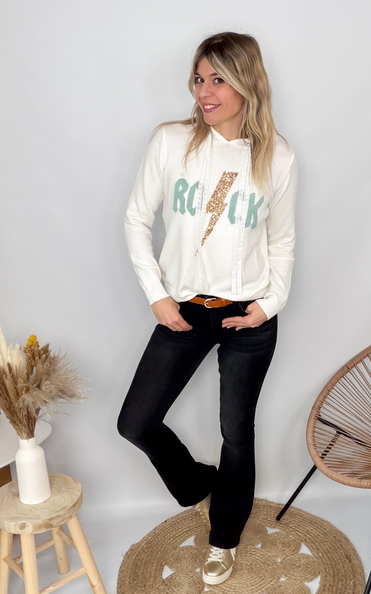 sweat ecru vert d'eau rock femme