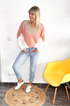 Pull tricolore rose, taupe et écru avec sequin la boutique de lydie