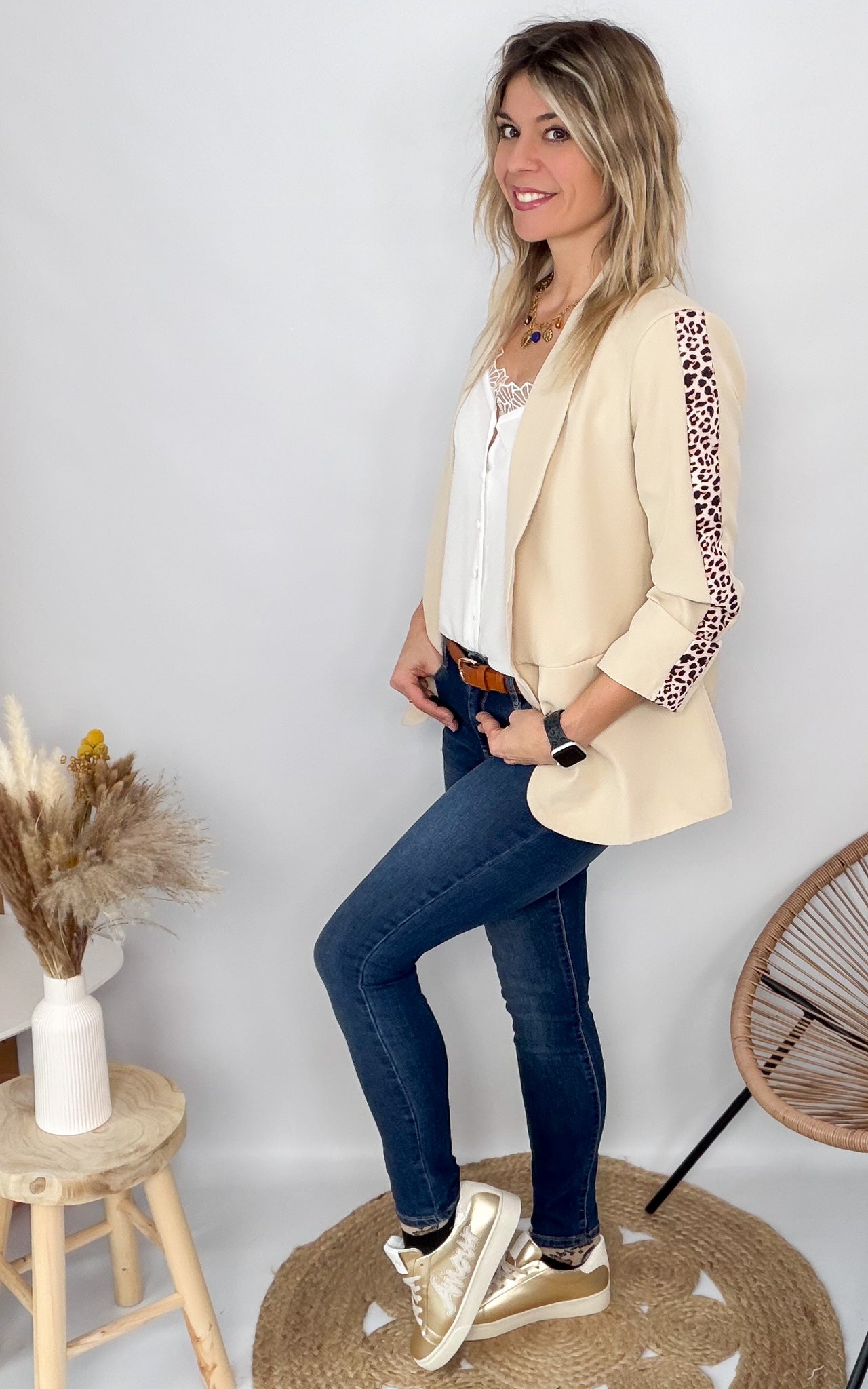 Blazer beige bande léopard mi-long
