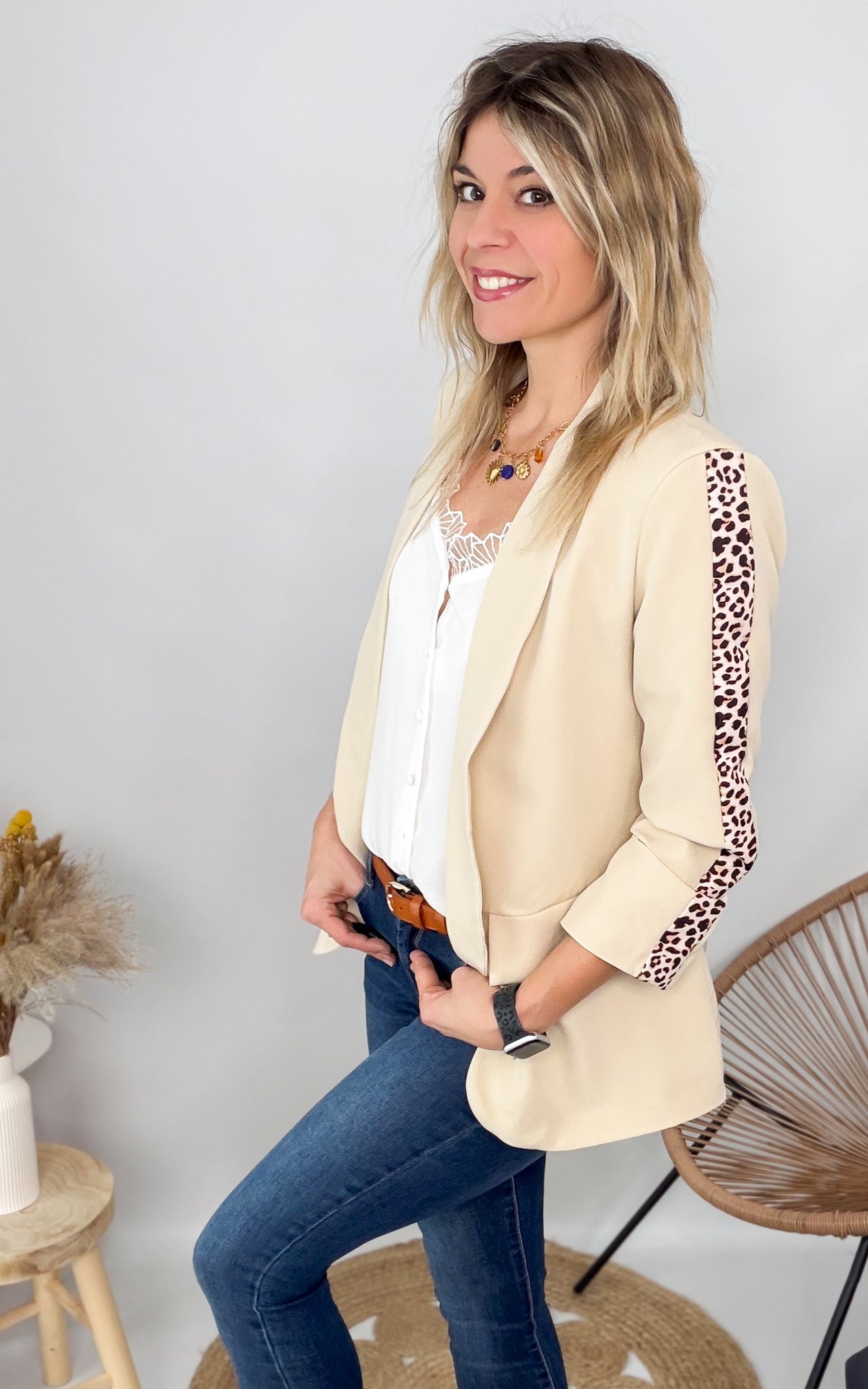 Blazer beige bande léopard mi-long femme 