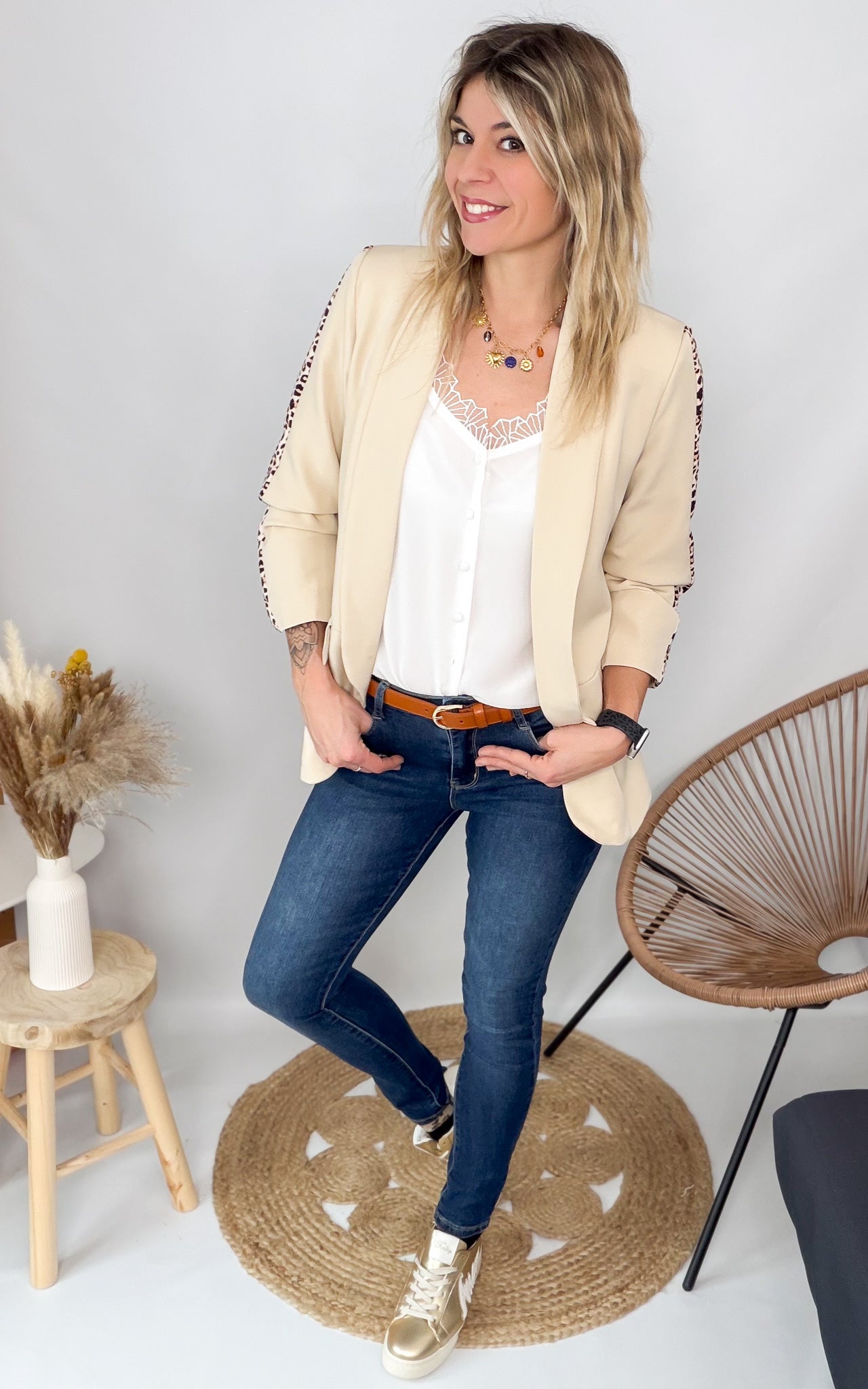Blazer beige bande léopard mi-long la boutique de lydie