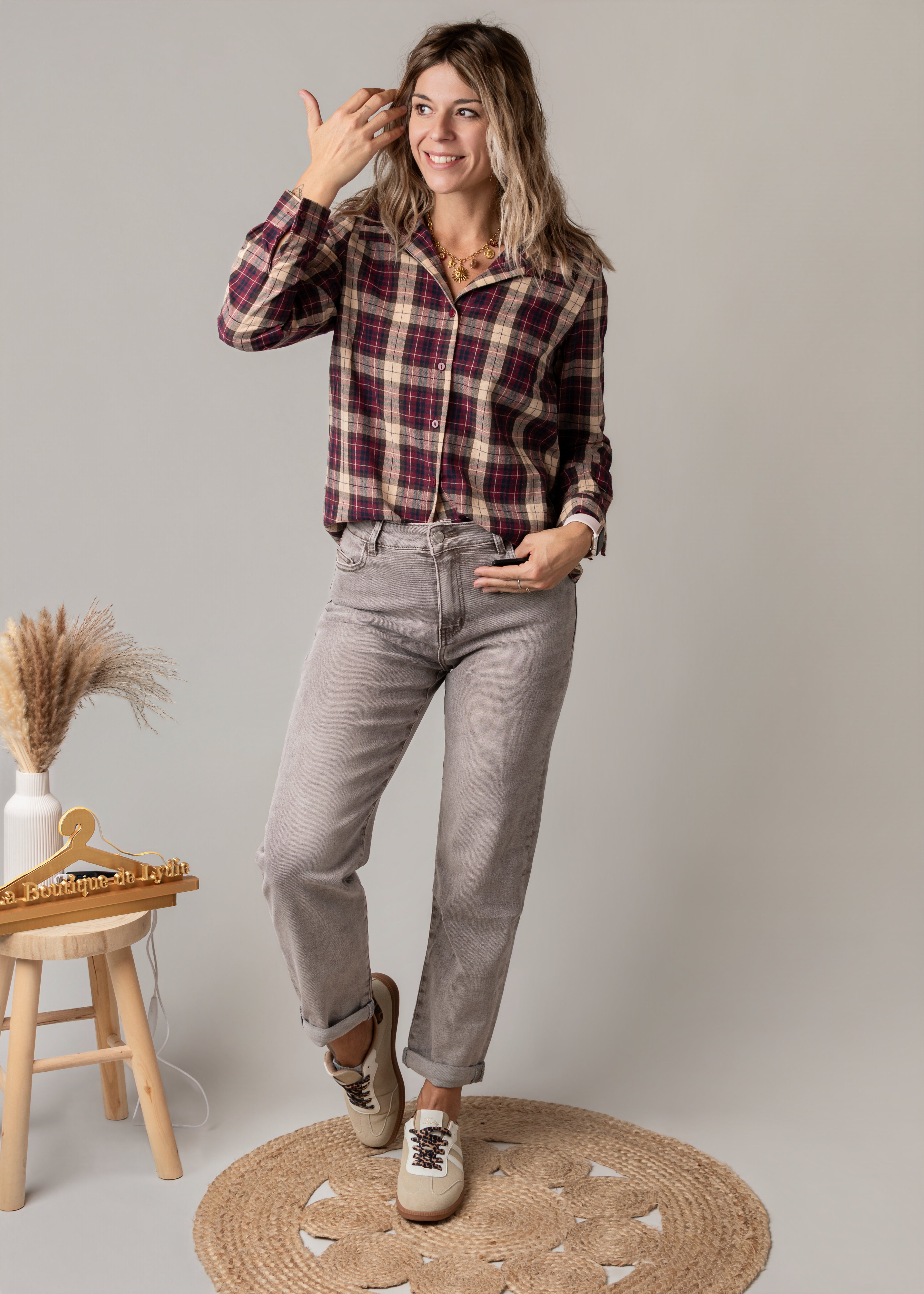 Chemise à carreaux bordeaux femme