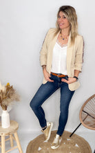 Blazer beige bande léopard mi-long