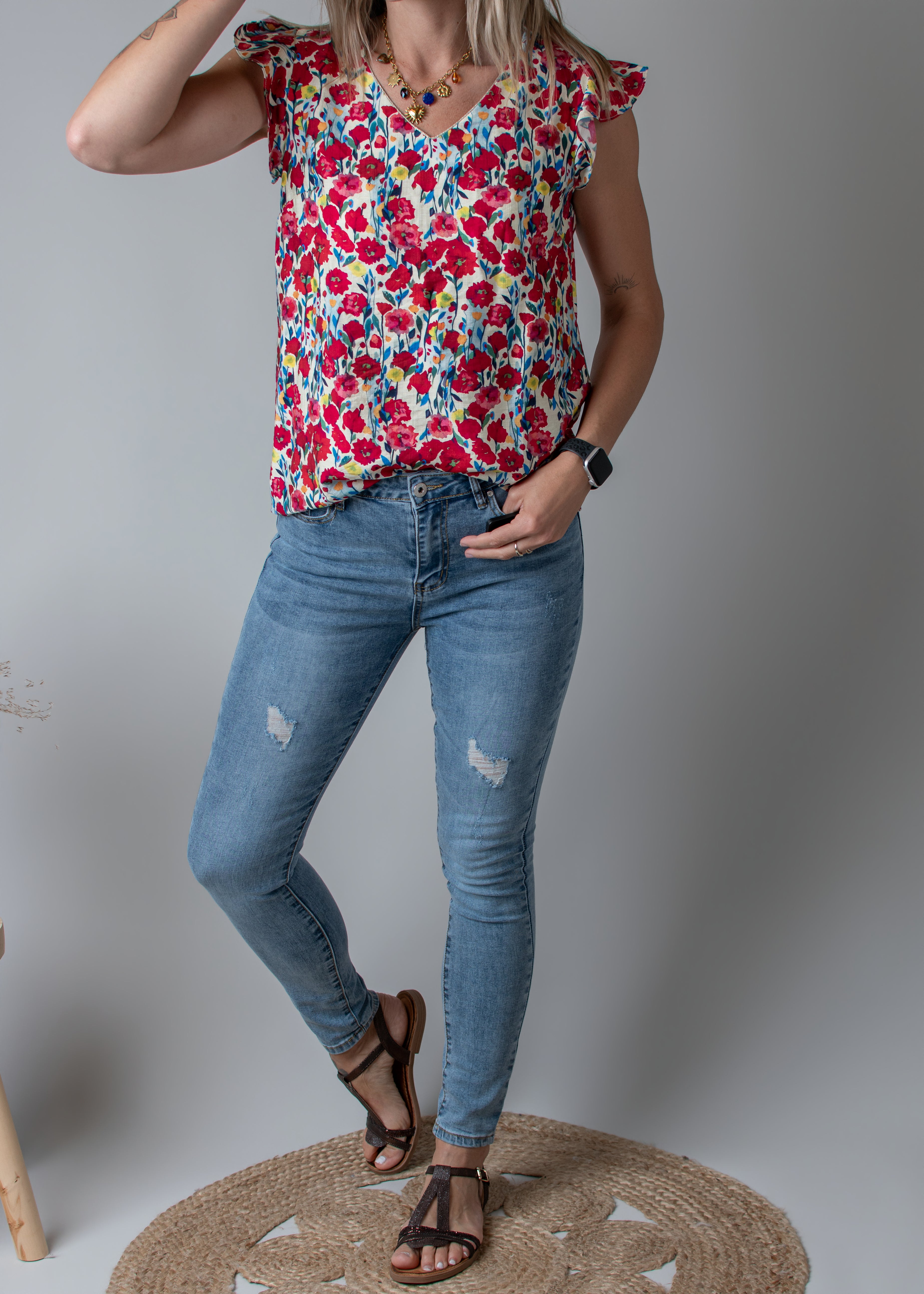 Blouse fleuri rouge femme