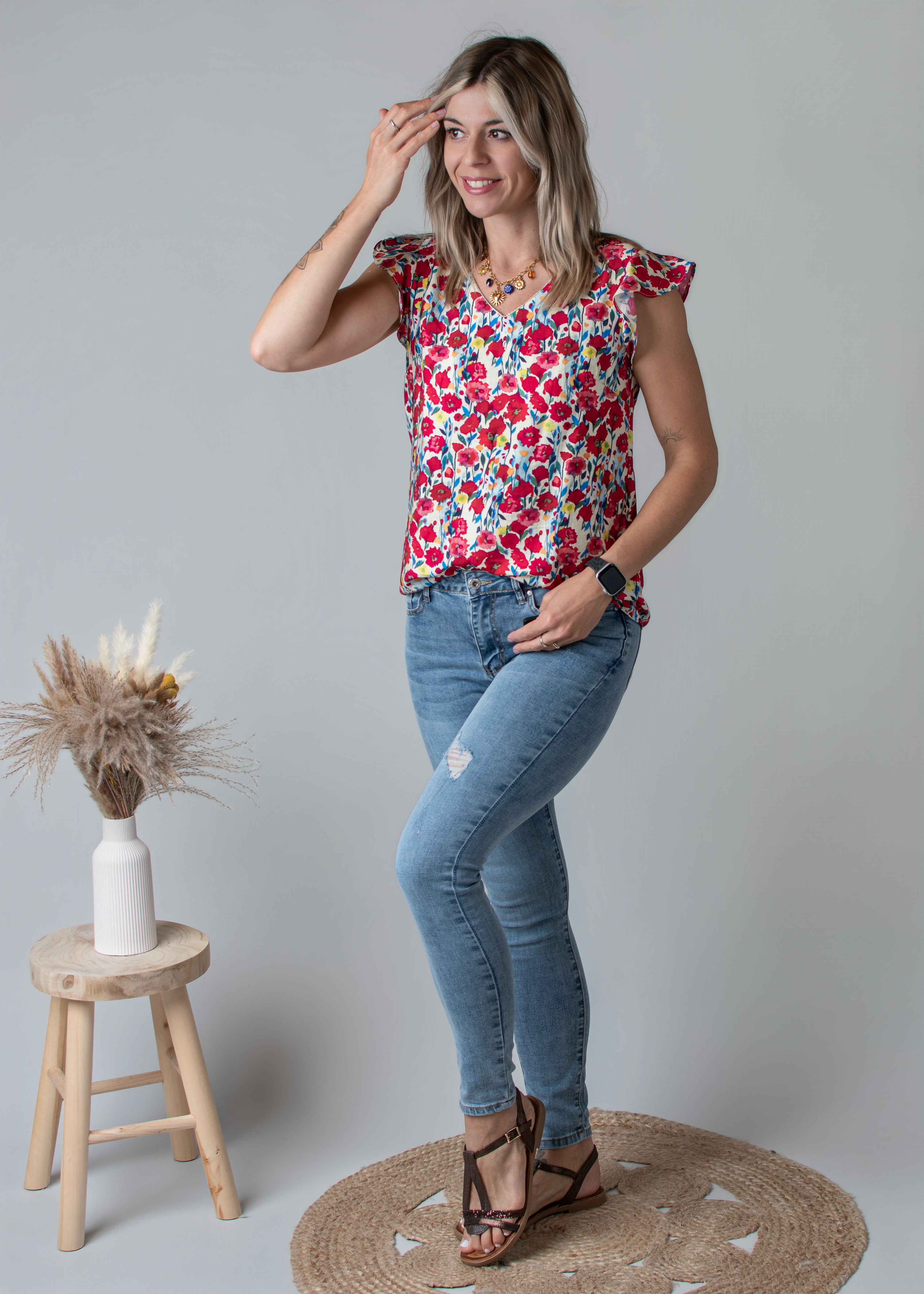Blouse fleuri rouge femme