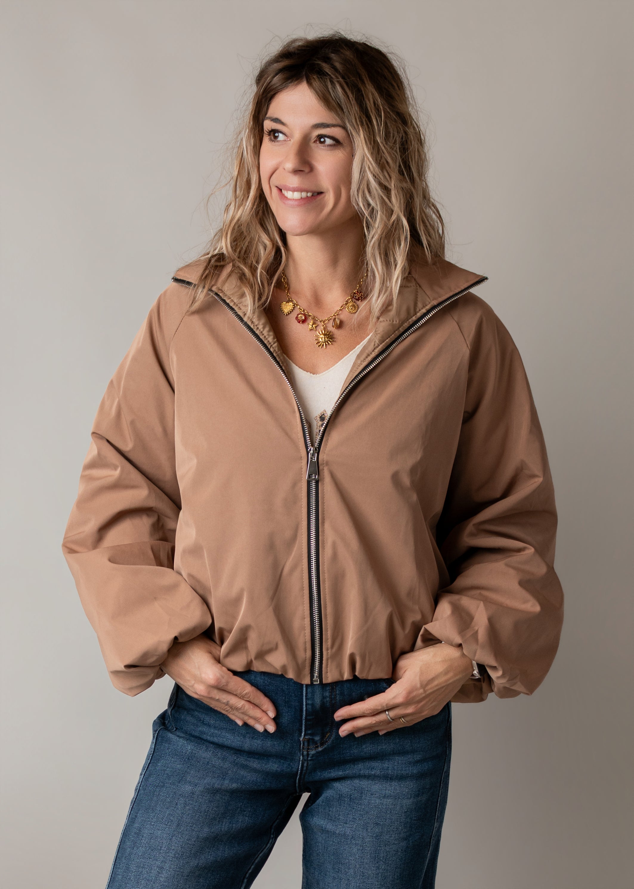 Blouson bombers court oversize Camel la boutique de lydie