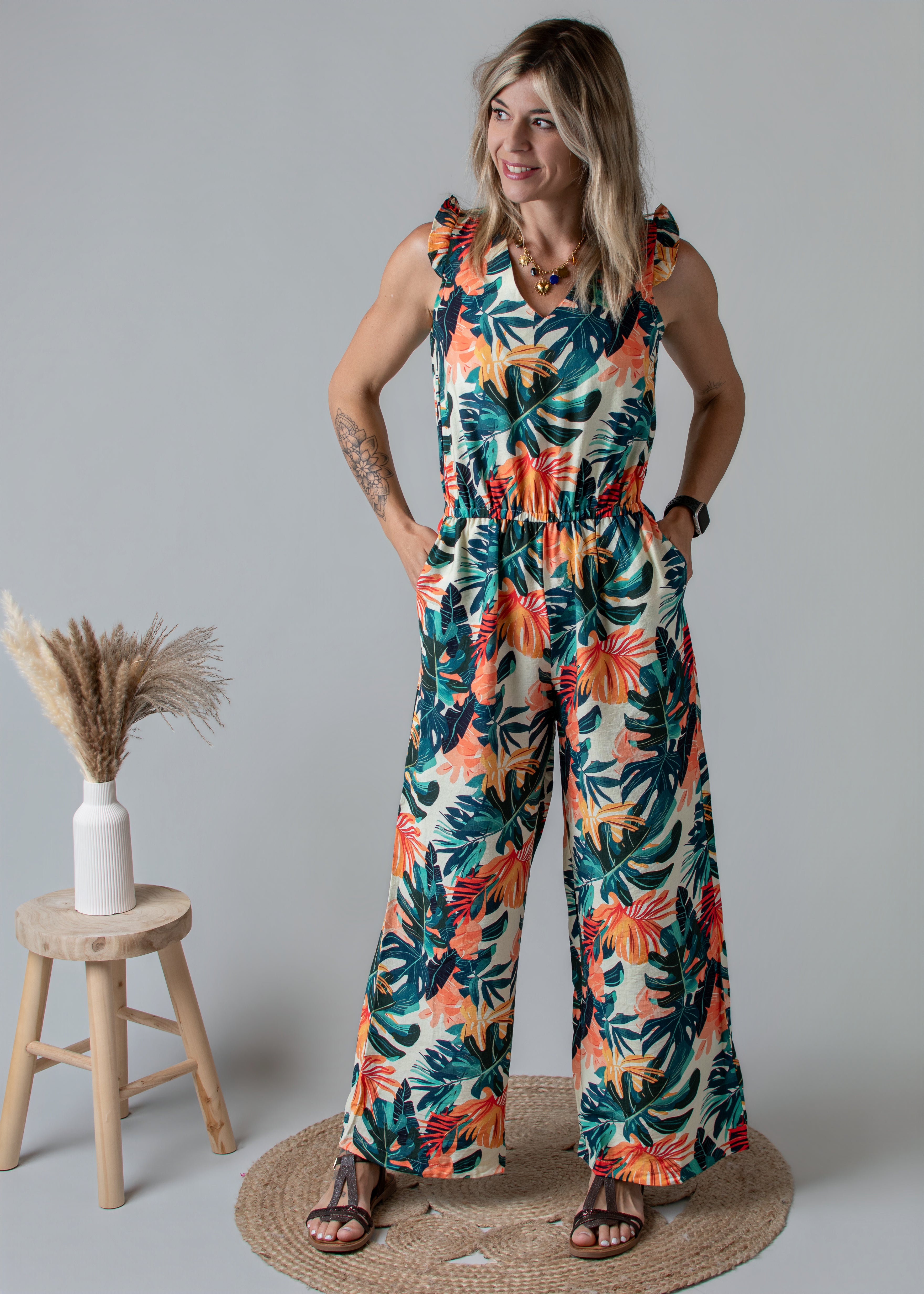 Combinaison pantalon femme à motif tropical