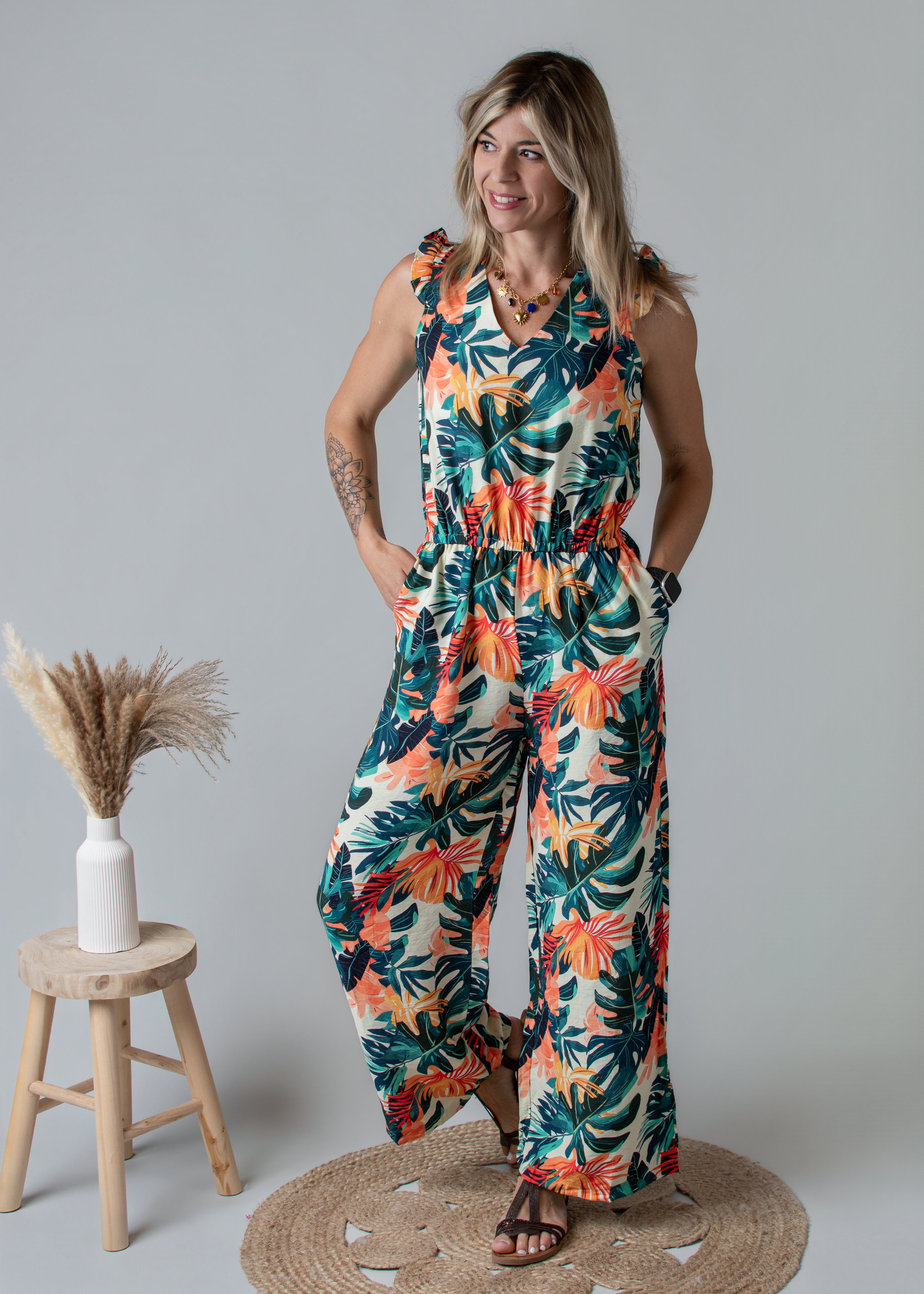 Combinaison pantalon femme à motif tropical