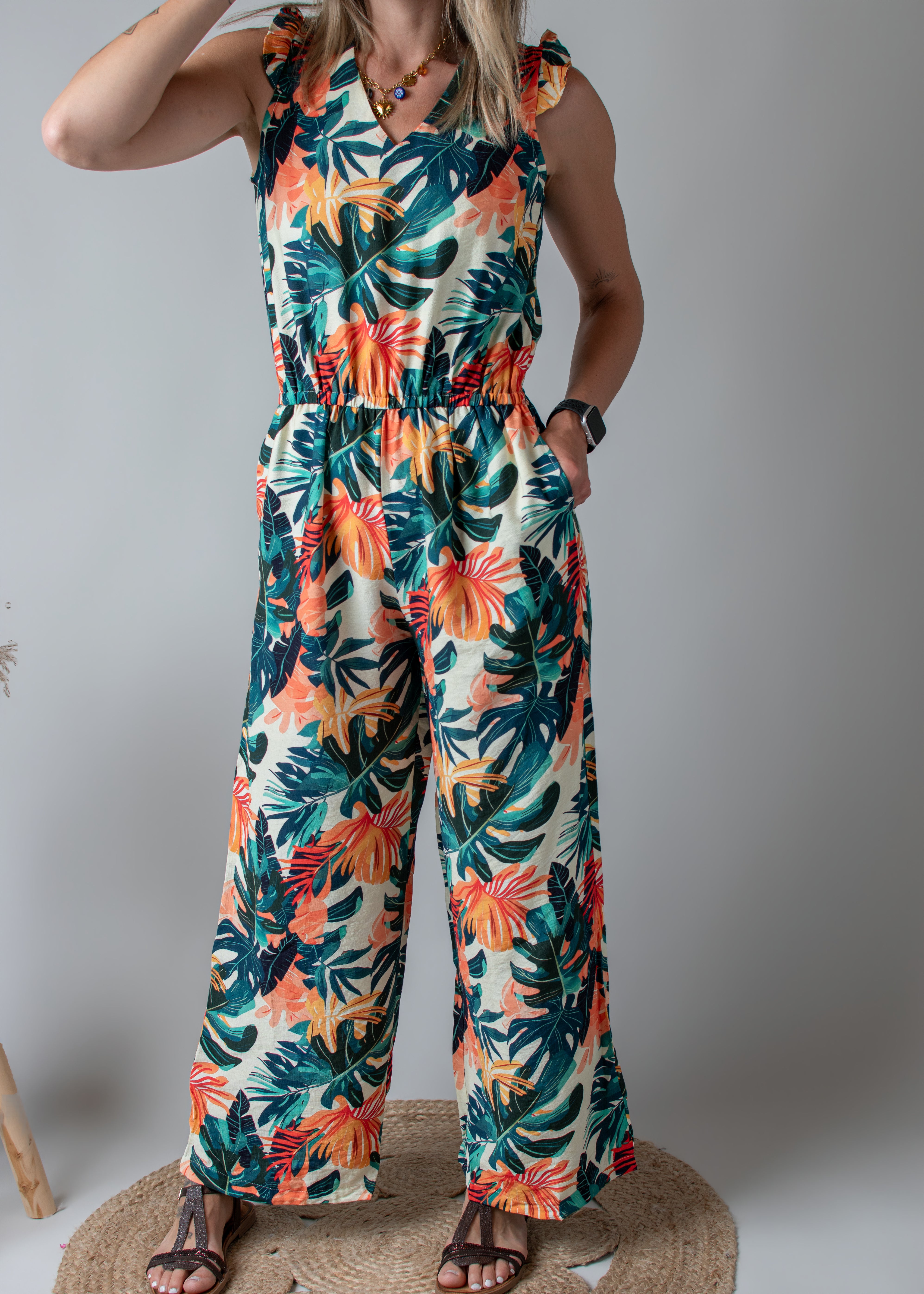 Combinaison pantalon femme à motif tropical