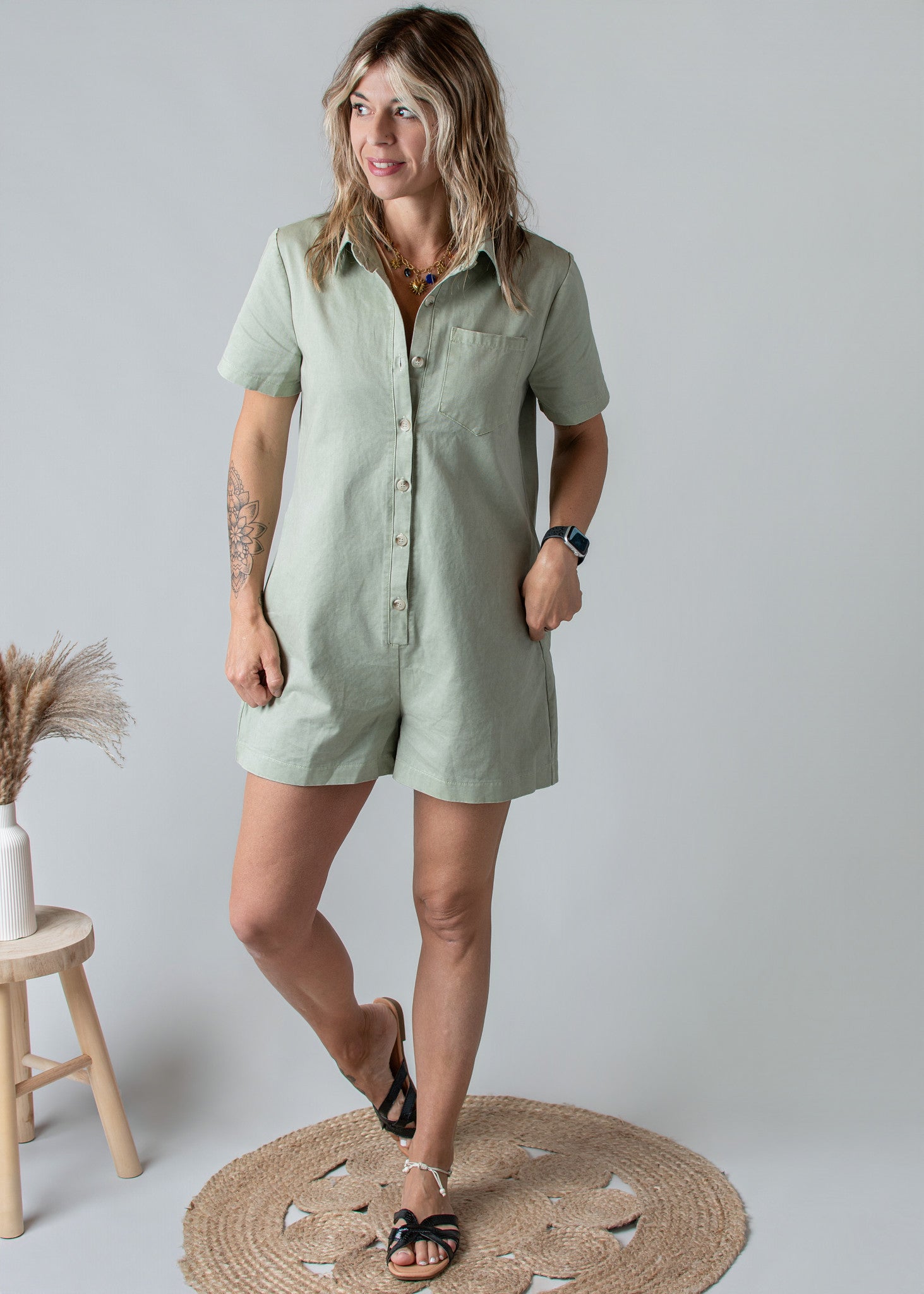 Combishort Droite Coton Kaki Clair Style Denim