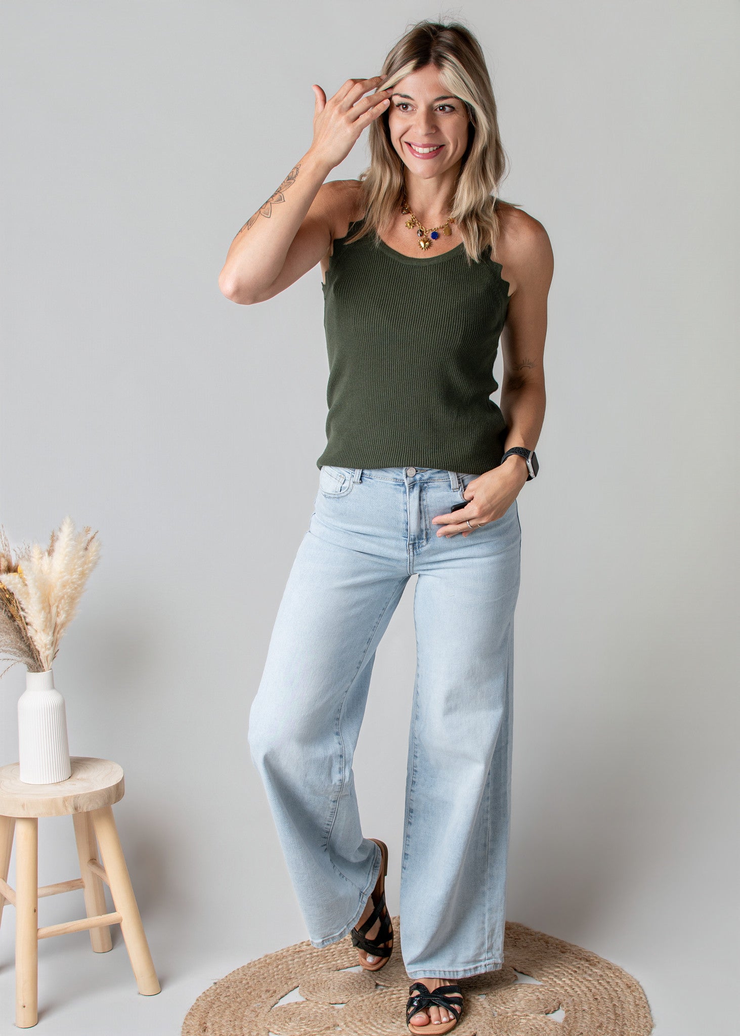 Débardeur Côtelé Kaki Coupe Américaine la boutique de lydie