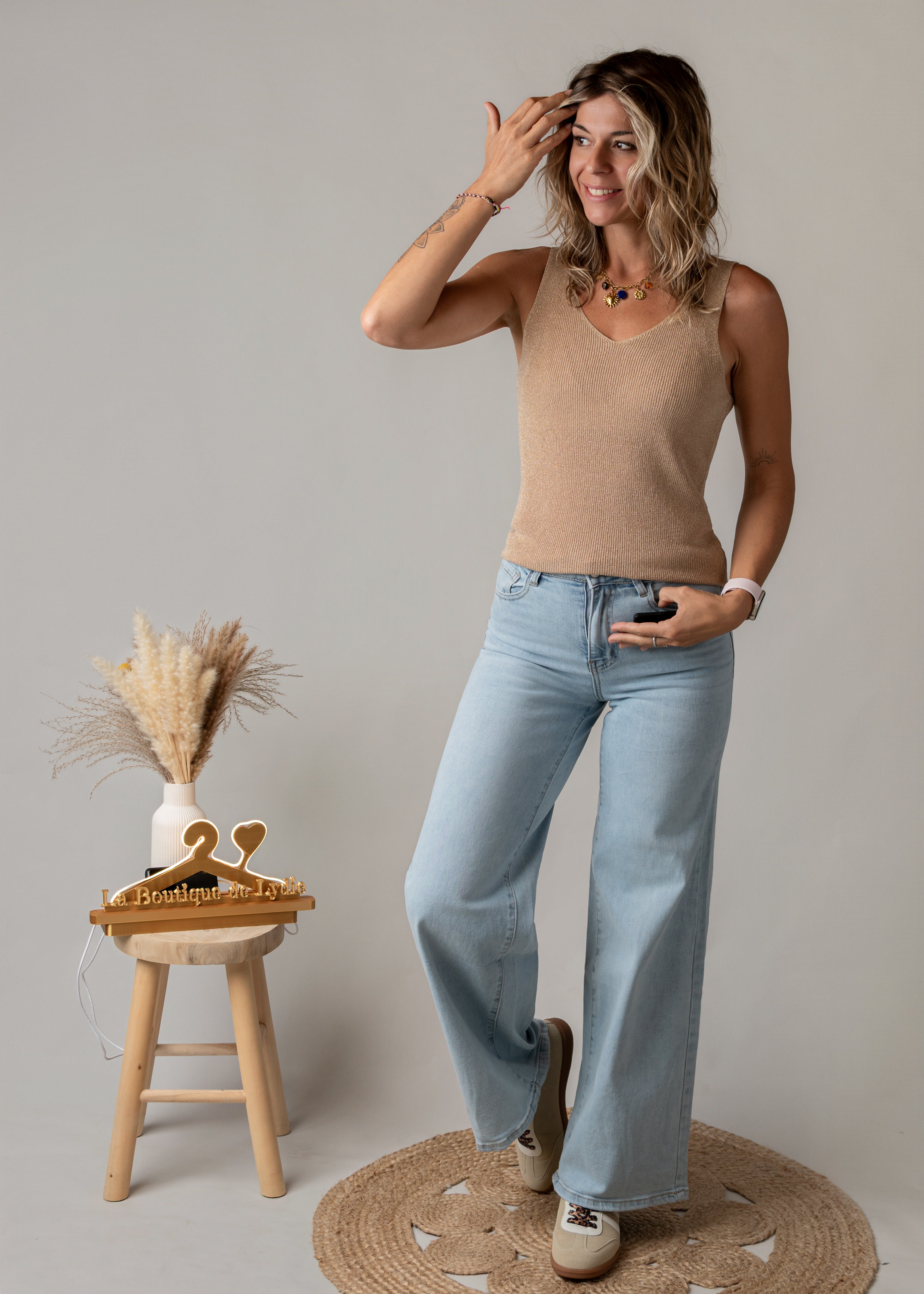 Débardeur maille lurex beige doré  la boutique de lydie