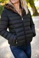 Doudoune réversible noir intérieur fourrure chocolat léopard