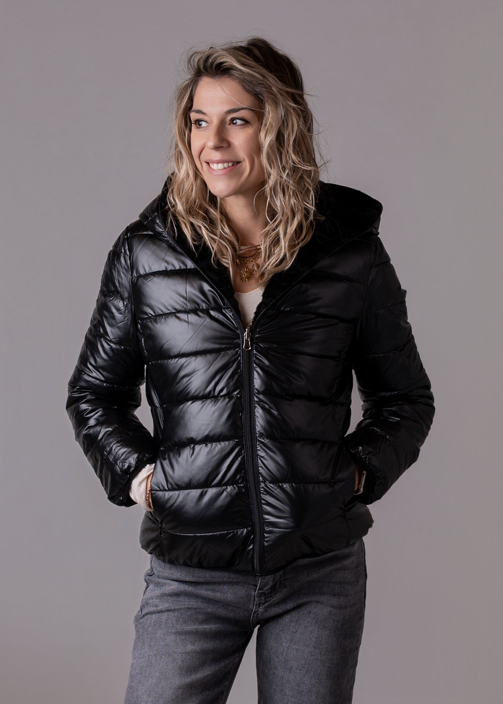 Doudoune courte réversible noire fourrure la boutique de lydie