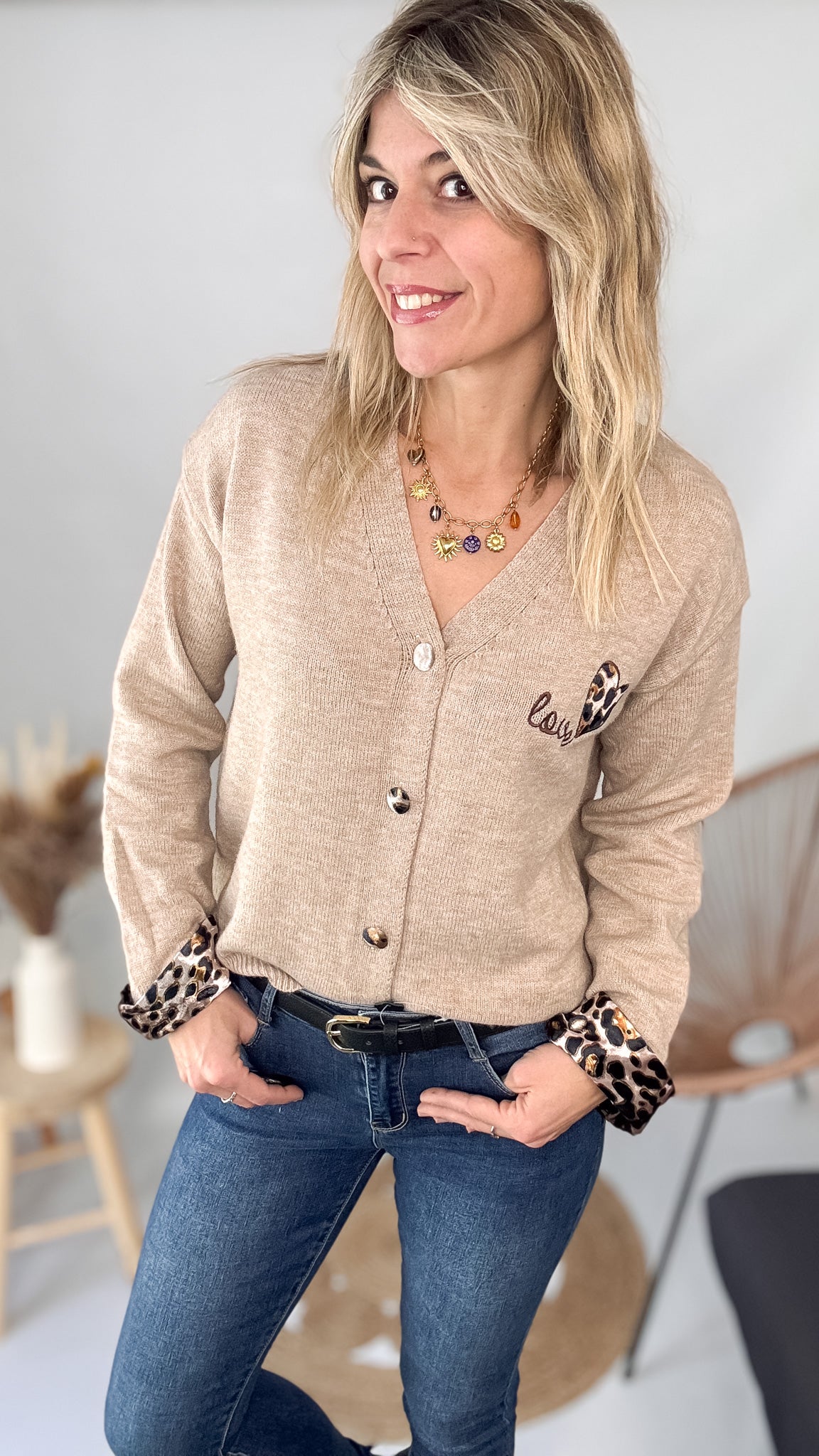 Gilet Cardigan Maille Douce taupe leopard
