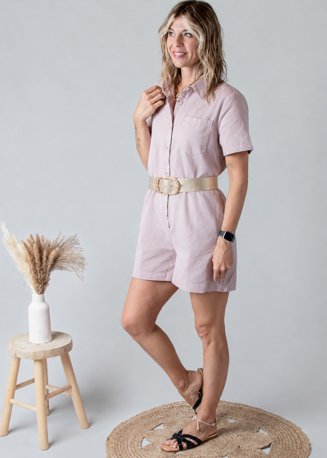 Combishort Droite Coton Vieux Rose Délavé